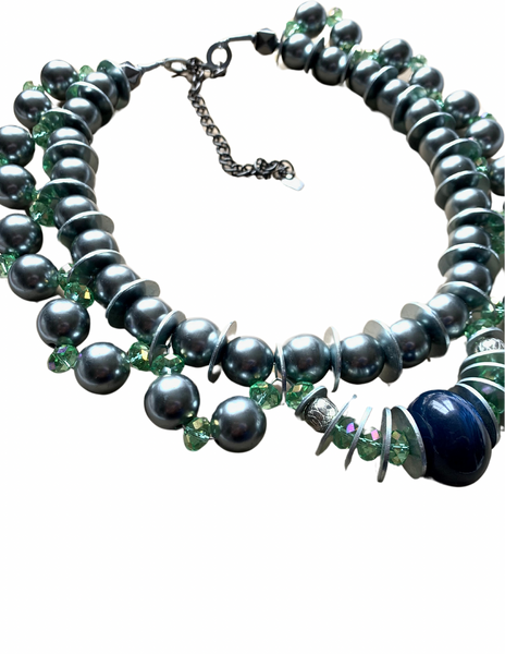 Adof Silver Beaded and Green Crystal Embellished Steel Washer Collar Necklace