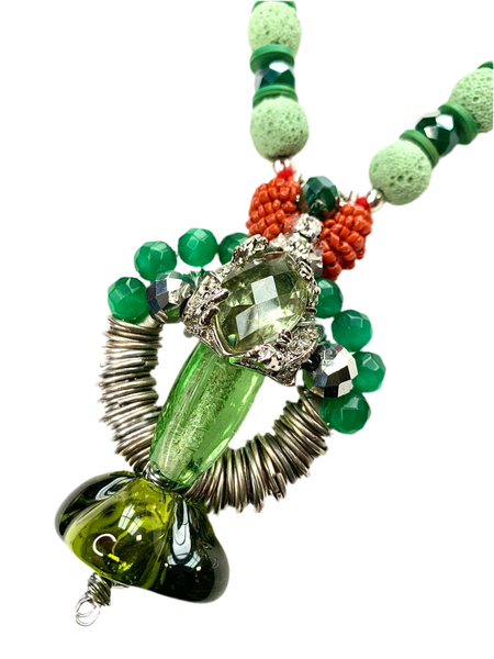 Handcrafted Emerald Zenith Unisex Green Lava Bead and Jade Necklace with Artisan Crystal Pendant