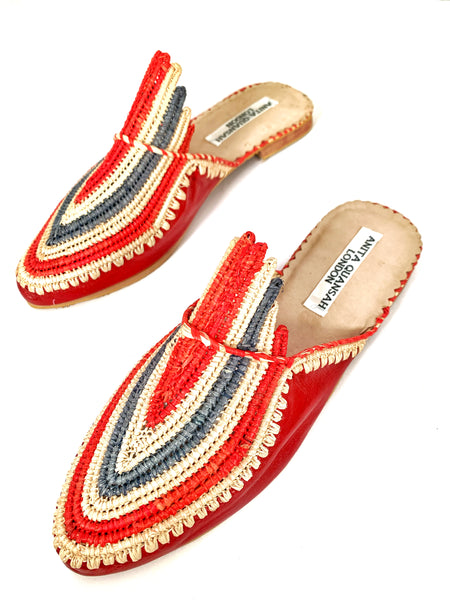 Akila Red Leather with Red, Natural and Slate Grey Raffia Slippers