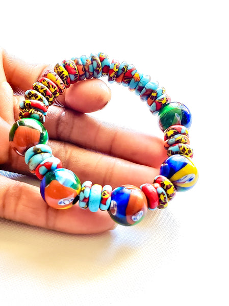 Vibrant Artistic Men’s Colourful Mosaic Ghana Recycled Beads Men’s Beaded Bracelet