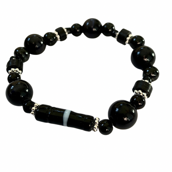 Men’s Black Hematite & Onyx Beaded Bracelet Set with African Vinyl Discs, Gunmetal Caps & Silver Detailing