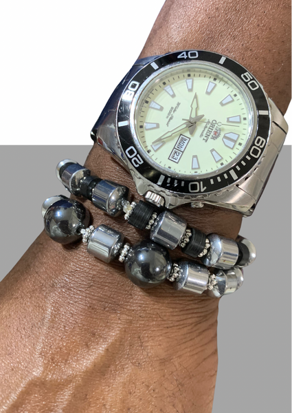 Silver Hematite, African Vinyl Bead, and Silver Tibetan Spacer Bracelet Set