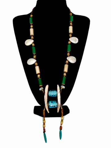Achalugo Green and Golden Mother of Pearl Barrel Shape Strand Necklace and with Sea Shell, Tiger Eye and Turquoise Gemstone Pendant