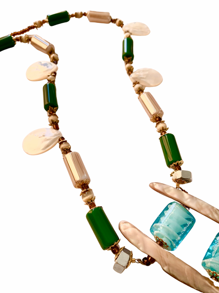 Achalugo Green and Golden Mother of Pearl Barrel Shape Strand Necklace and with Sea Shell, Tiger Eye and Turquoise Gemstone Pendant