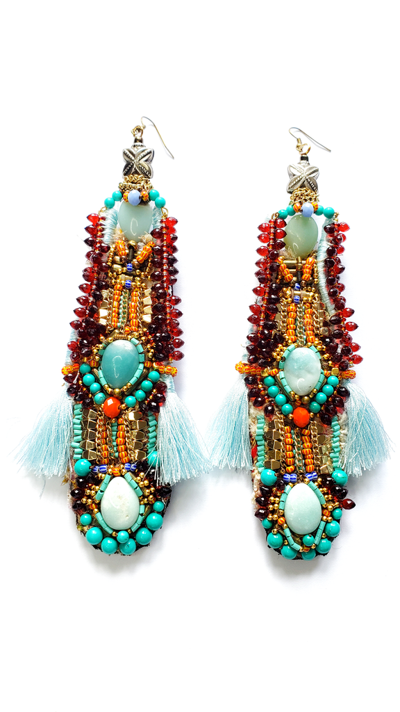 Afryeah Colourful Multi-Beaded Embellished Amazonite and Turquoise Gemstone and Tassel Drop Earrings