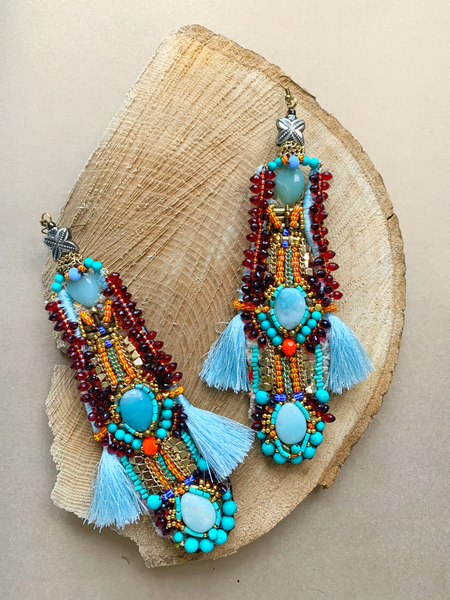 Afryeah Colourful Multi-Beaded Embellished Amazonite and Turquoise Gemstone and Tassel Drop Earrings
