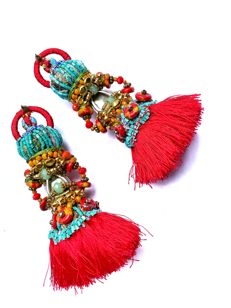Akwali Red Crystal Beaded Red Tassels Dangling Earrings