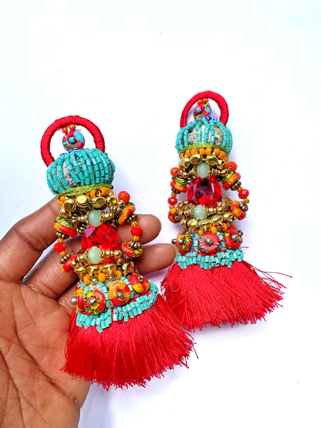 Akwali Red Crystal Beaded Red Tassels Dangling Earrings
