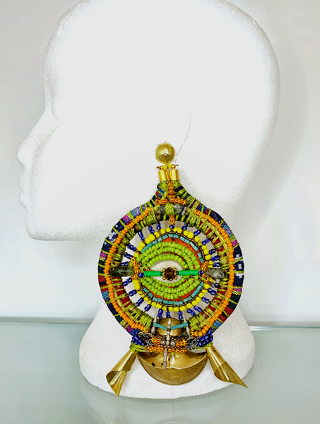 Anyanwu Beaded Embellishment Sun and Eye  Cowrie Shell Circular Hoop Brass Pendant Post Earrings