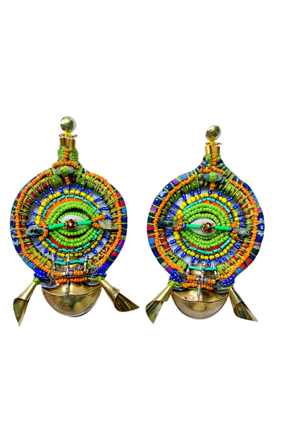 Anyanwu Beaded Embellishment Sun and Eye  Cowrie Shell Circular Hoop Brass Pendant Post Earrings