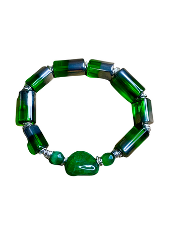 Men’s Green and Silver Electroplated Glass Beaded Bracelet with Aventurine, Jade, and Silver Jump Ring Spacers
