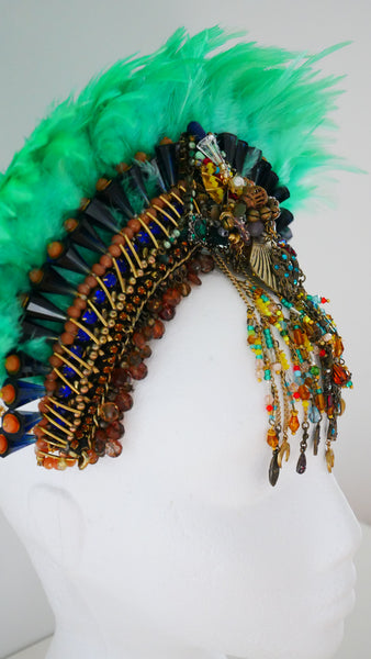 Emerald Enchantress Goddess Vibrant Green Beaded Feathered Crown