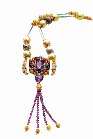 The Ifedika Multi-Beaded Bohemian Statement Necklace with Heart Glass Accents and Beaded Tassels