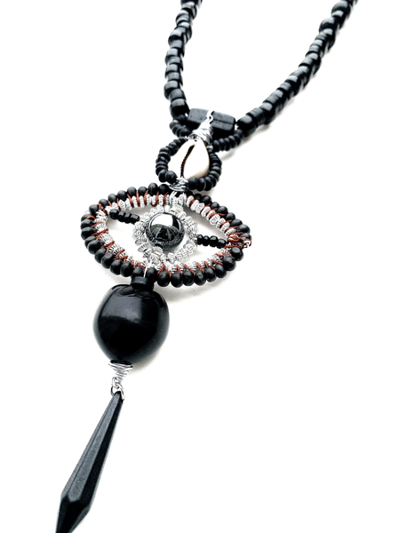 Men’s Black Beaded All-Seeing Eye Pendant Necklace with Spike Charm