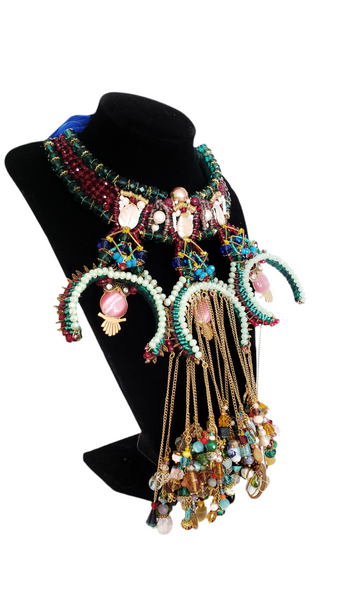 Amaraoma Multi-Layered Statement Necklace with Beaded Crescent, Owls, and Gemstone Fringe