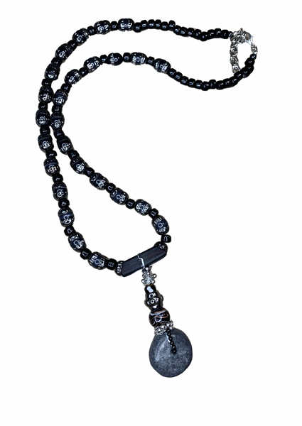 Men’s Long Black Onyx Necklace with Gunmetal Caps, Multi-Glass Beaded Pendant, and Dark Grey Magnesite Accents