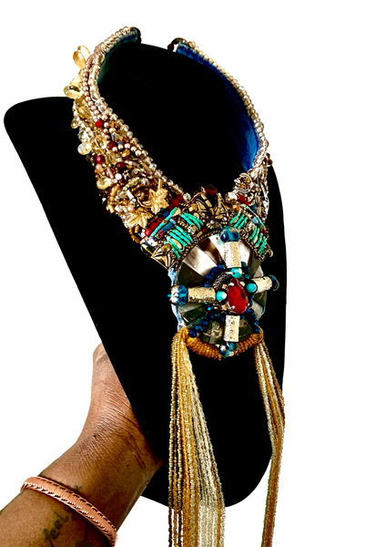 Recycled Denim Necklace with Gold, White & Champagne Glass Beaded Tassels