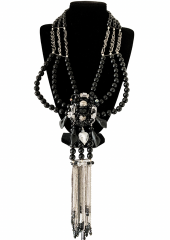 Mystic Noir Vintage Glam Women's Black Beaded Statement Necklace with Silver Tassel Chain