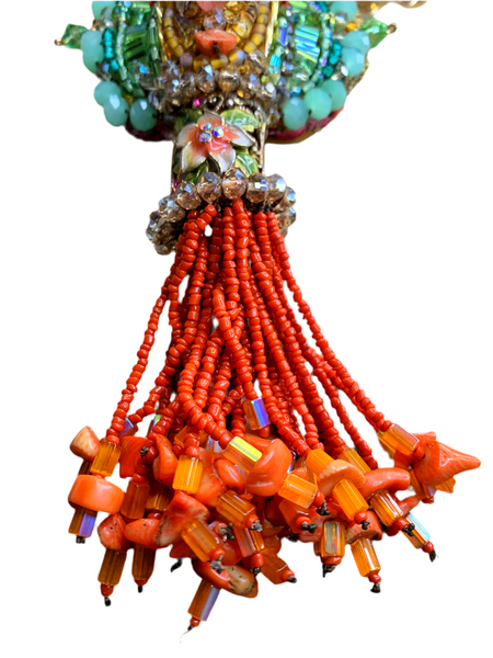 Odimnobi Bold Colourful Multi-Beaded Rose Quartz, Coral Chips, and Crystal Beads Statement Bib Choker Pendant Necklace with Tassel Detailing