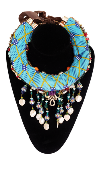 Amani Colourful Embellished Multi-Gemstone Mother of Pearl Tassel Drop Statement Necklace