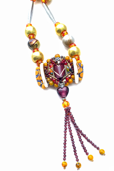 The Ifedika Multi-Beaded Bohemian Statement Necklace with Heart Glass Accents and Beaded Tassels