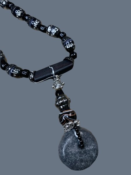 Men’s Long Black Onyx Necklace with Gunmetal Caps, Multi-Glass Beaded Pendant, and Dark Grey Magnesite Accents