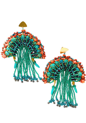 Oshimiriatata Glass Beaded, Crystal, Coral & Turquoise Beaded Fringe Earrings