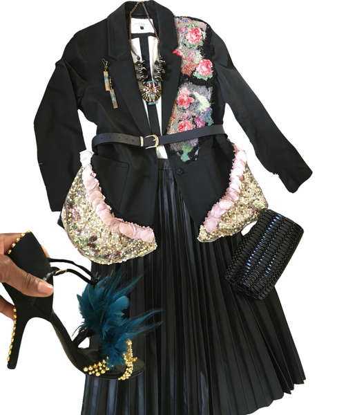 Vibrant Embellished Beaded Floral Applique Women’s Black Cotton Jacket with Sequinned Ruffles 