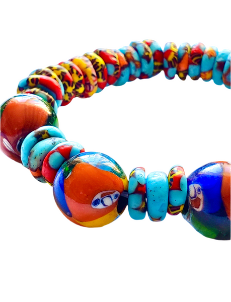 Vibrant Artistic Unisex Colourful Mosaic Ghana Recycled Beads Beaded Bracelet