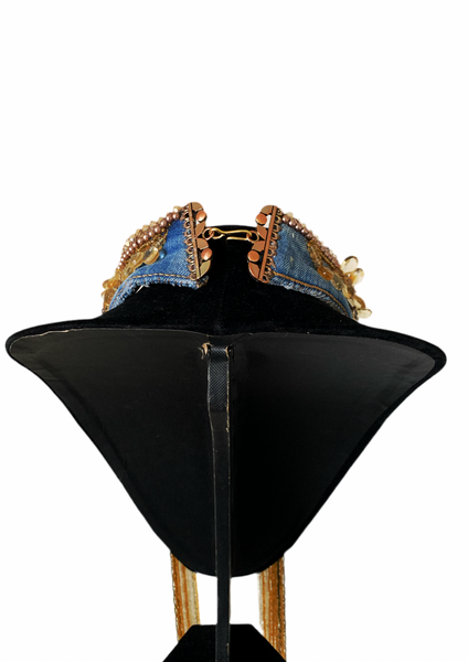 Recycled Denim Necklace with Gold, White & Champagne Glass Beaded Tassels