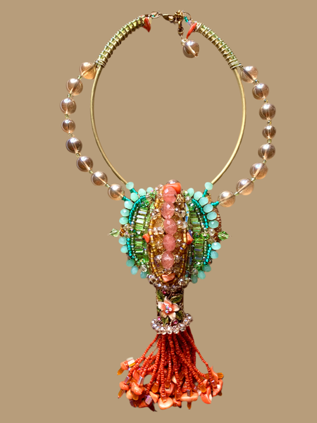 Odimnobi Bold Colourful Multi-Beaded Rose Quartz, Coral Chips, and Crystal Beads Statement Bib Choker Pendant Necklace with Tassel Detailing