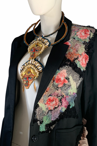 Vibrant Embellished Beaded Floral Applique Women’s Black Cotton Jacket with Sequinned Ruffles