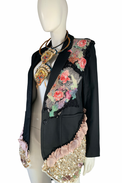 Vibrant Embellished Beaded Floral Applique Women’s Black Cotton Jacket with Sequinned Ruffles 