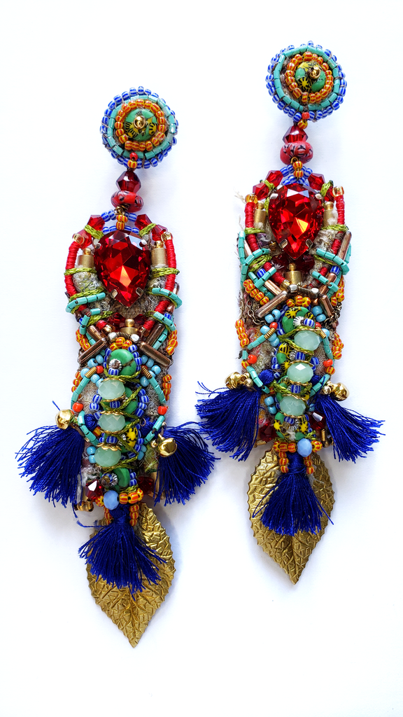 Chidera Multicoloured Beaded Crystal Embellished Tassel and Gold-Plated Brass Leaf Drop Earrings