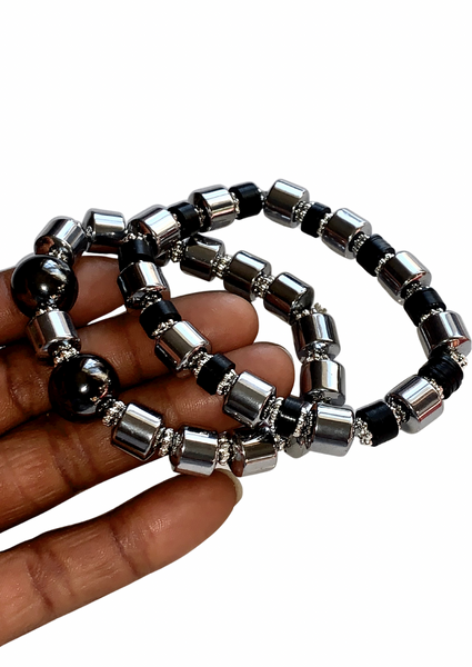 Silver Hematite, African Vinyl Bead, and Silver Tibetan Spacer Bracelet Set