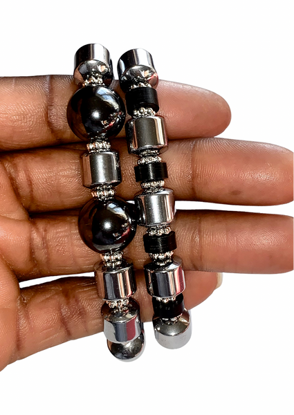 Silver Hematite, African Vinyl Bead, and Silver Tibetan Spacer Bracelet Set