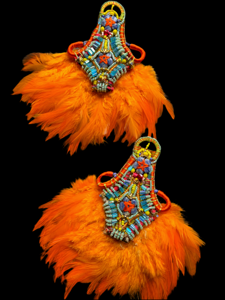 Thema Colourful Multibeaded Glass, Crystal, and Lapis Orange Feather Earrings