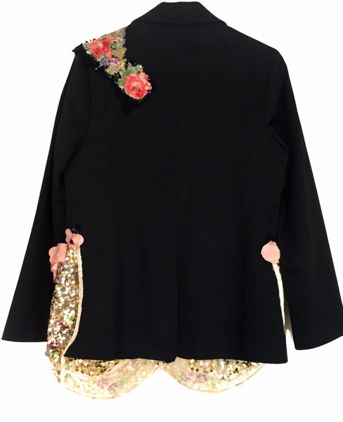 Vibrant Embellished Beaded Floral Applique Women’s Black Cotton Jacket with Sequinned Ruffles 