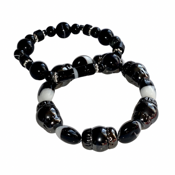 Men’s Black Hematite & Onyx Beaded Bracelet Set with African Vinyl Discs, Gunmetal Caps & Silver Detailing