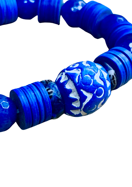 Men’s Blue Lapis Lazuli, Ghanaian Krobo Recycled Glass, African Vinyl Disc, and Carved Terracotta Bead Bracelet