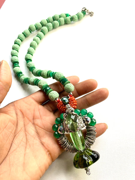 Handcrafted Emerald Zenith Unisex Green Lava Bead and Jade Necklace with Artisan Crystal Pendant