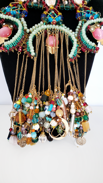 Amaraoma Multi-Layered Statement Necklace with Beaded Crescent, Owls, and Gemstone Fringe