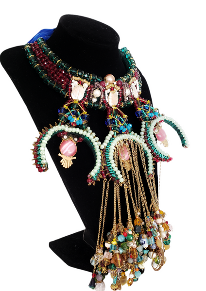 Amaraoma Multi-Layered Statement Necklace with Beaded Crescent, Owls, and Gemstone Fringe