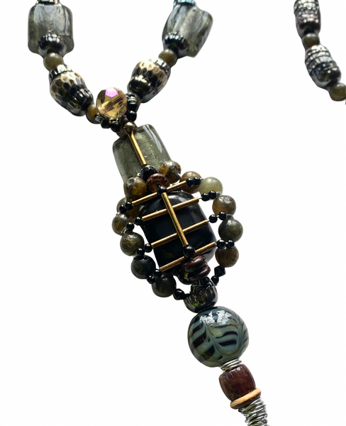 Men’s Long Black Tassel Necklace with Gunmetal Caps, Multi-Glass Beads, Tourmaline & Brass Ebony Wood Pendant