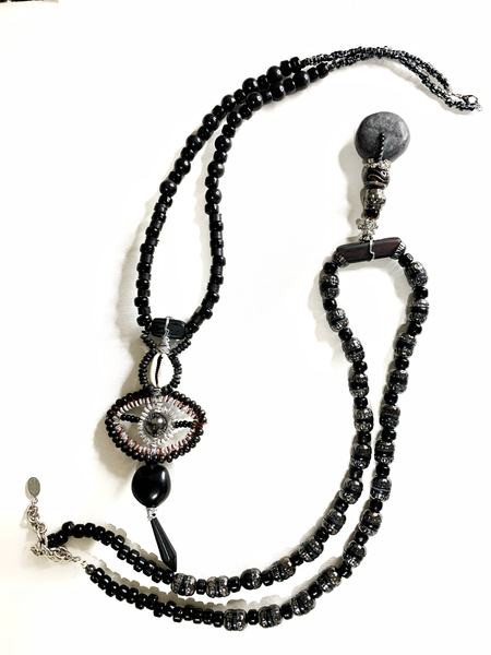 Men’s Black Beaded All-Seeing Eye Pendant Necklace with Spike Charm