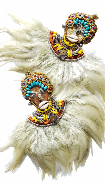 Umuada Beaded Feather Earrings with Cowrie Shells & Gold Brass Post