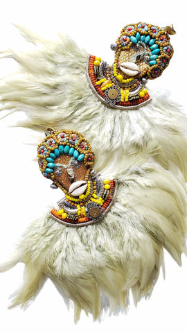 Umuada Beaded Feather Earrings with Cowrie Shells & Gold Brass Post