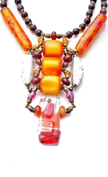 Anulika Two Strand Long Necklace with Three Large Orange Copal Amber Resin with Venetian Glass beads and Recycled Glass Pendant Necklace