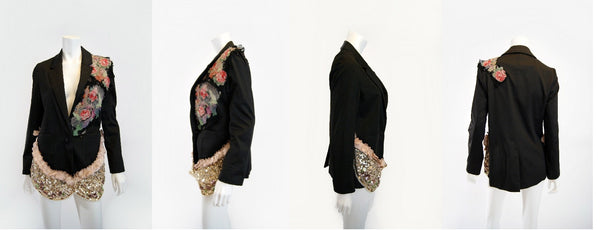 Vibrant Embellished Beaded Floral Applique Women’s Black Cotton Jacket with Sequinned Ruffles 