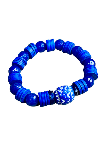 Men’s Blue Lapis Lazuli, Ghanaian Krobo Recycled Glass, African Vinyl Disc, and Carved Terracotta Bead Bracelet